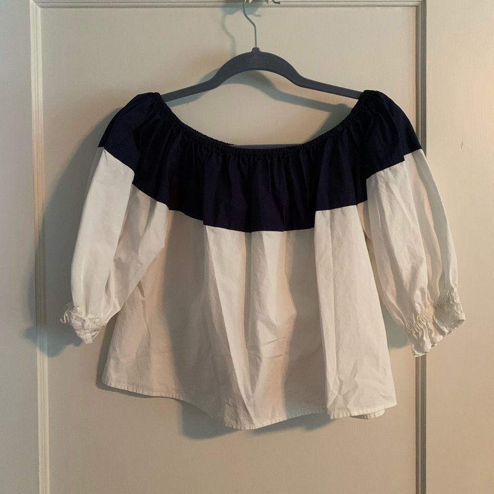 Anthropologie White & Navy Off-The Shoulder Blouse